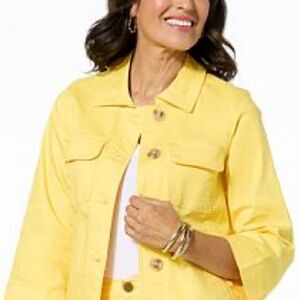 NEW DG2 Diane Gilman Denim Yellow Daisy Jean Jacket with Wide Bracelet Sleeves